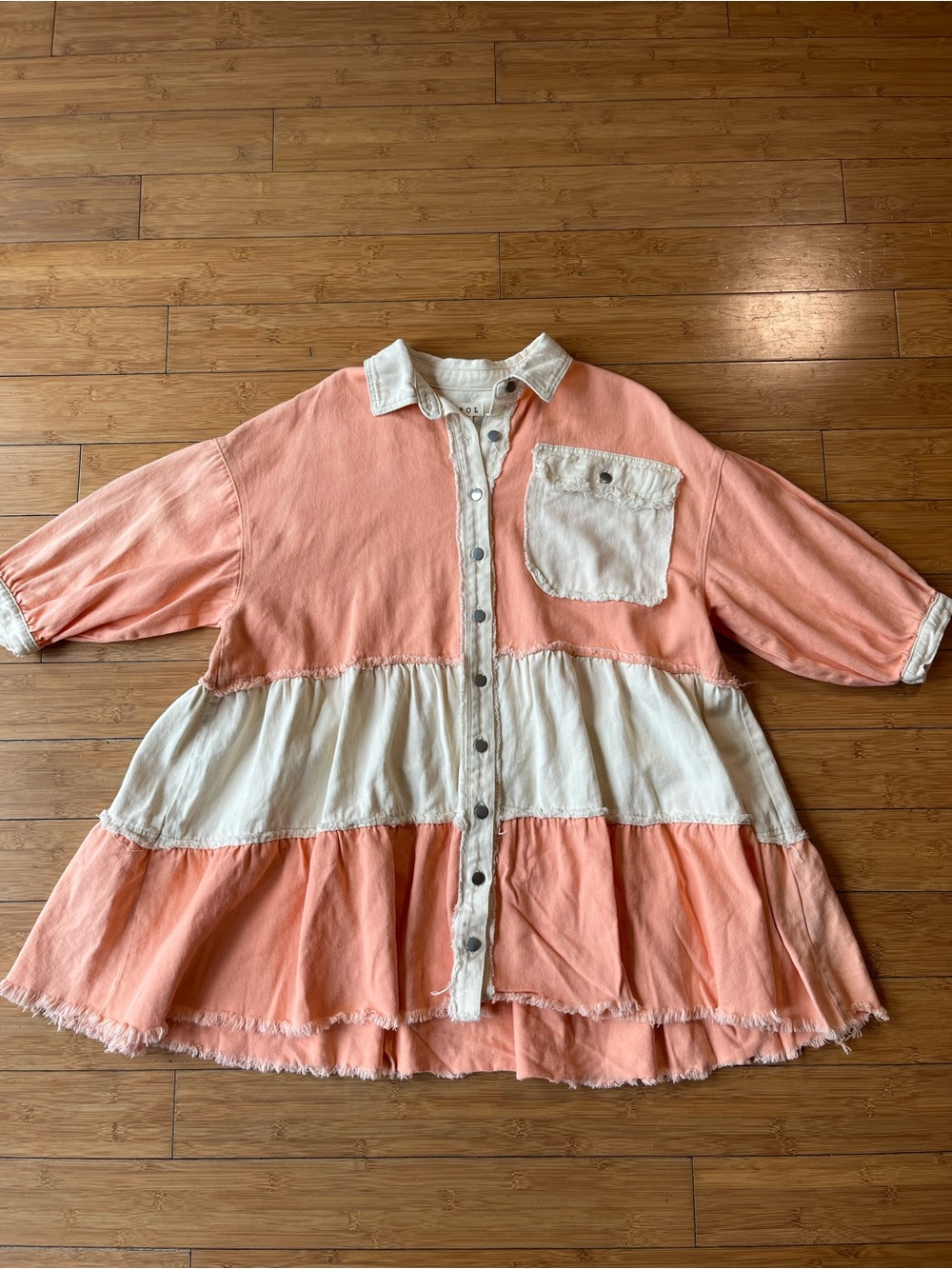 POL Pink & Cream Long Sleeve Tiered Denim Dress Western Boho Frayed Hem - Picture 3 of 11